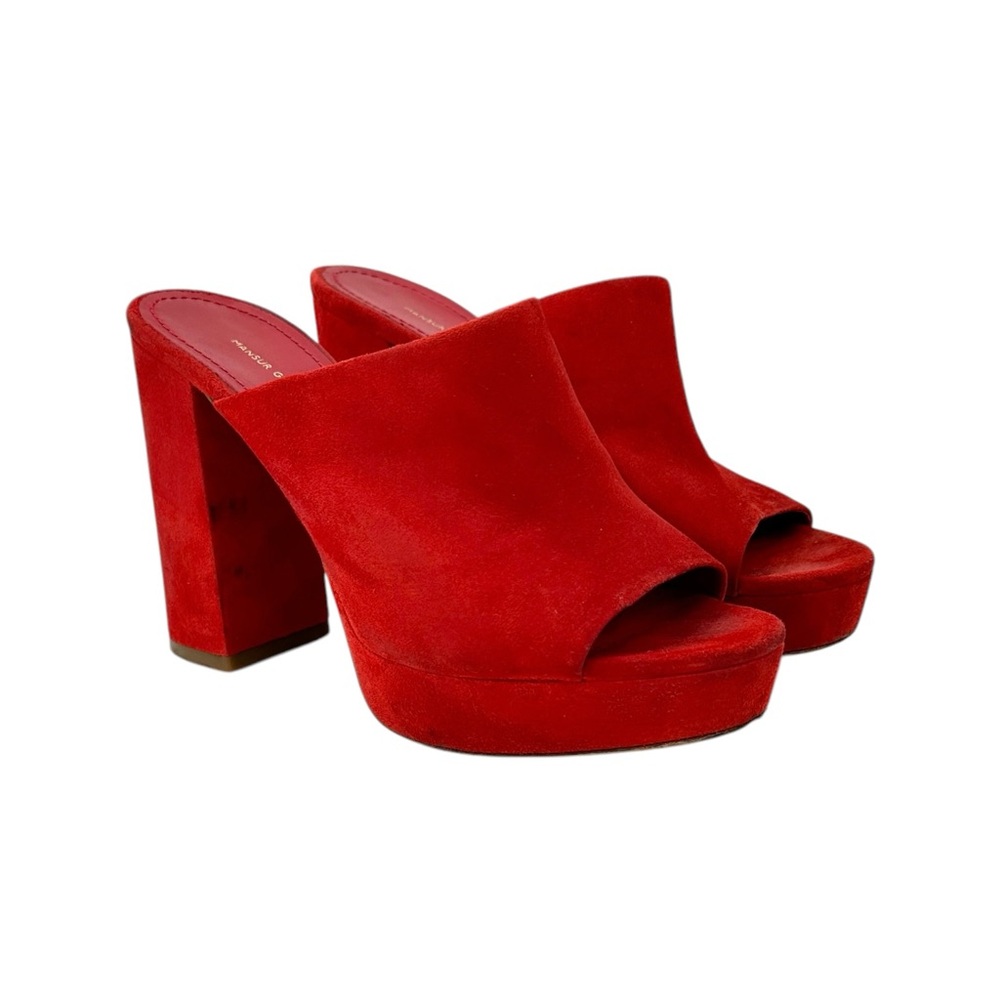 Mansur Gavriel Red Suede Leather Peep Toe Platform Block Heel Mules sz 36